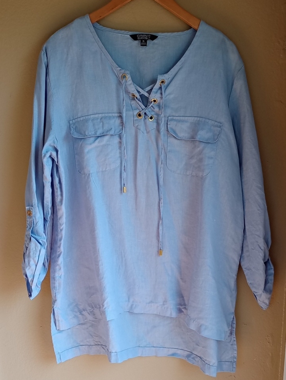Company Ellen Tracy Linen Nautical Beach Tunic Gold Button Old Money Top Size XL
